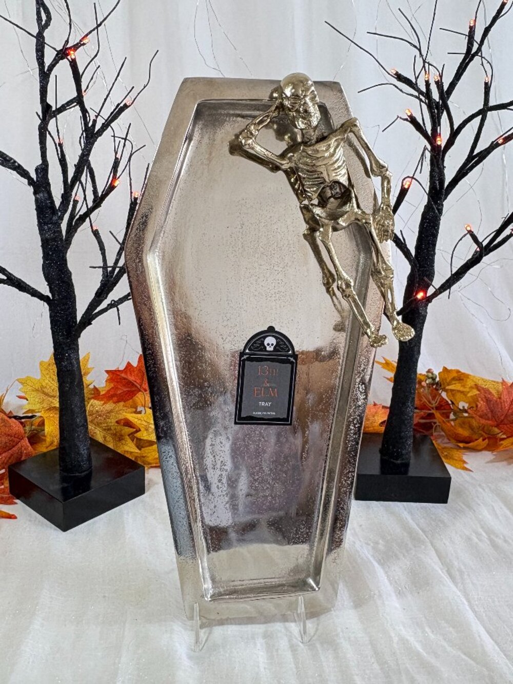 13th & Elm Halloween Silver Metal Coffin Shape Gold Skeleton Serving Tray 18"